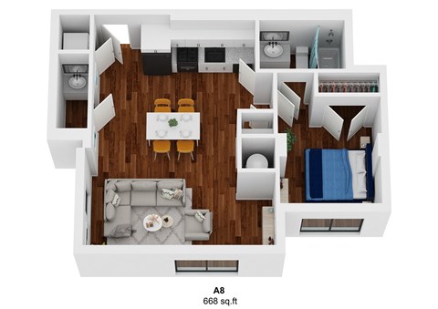 Floor plan for 1 bed, 1.5 baths, 668 sqft